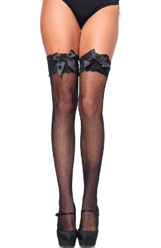 Black fishnet stockings with lace top & bow