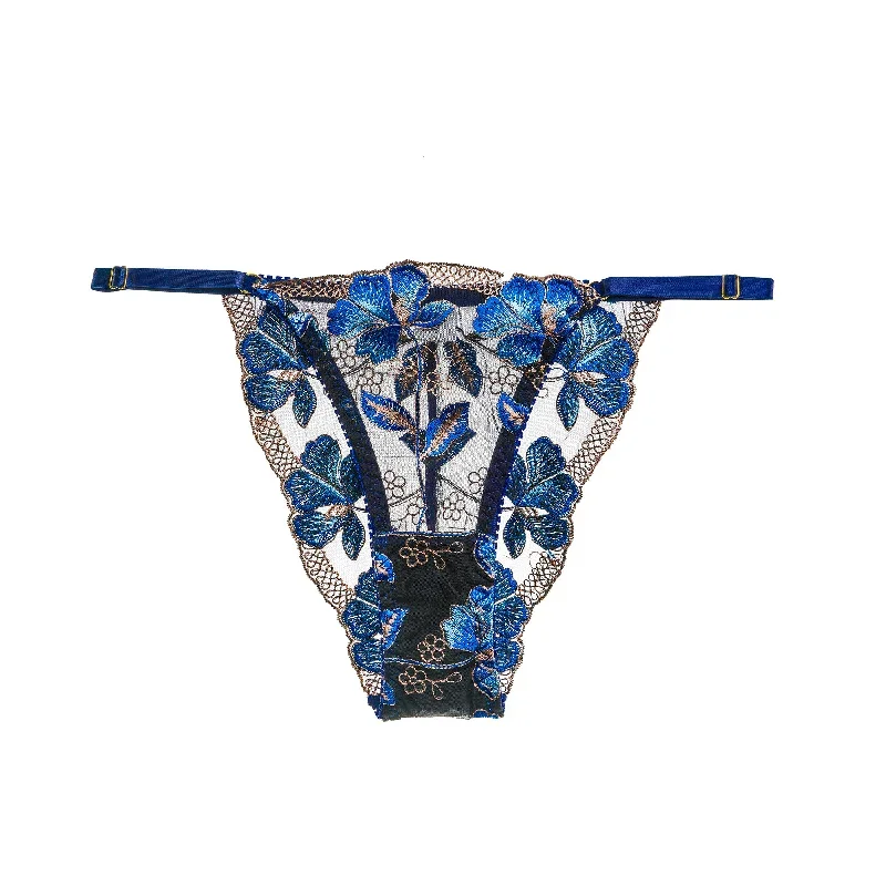 Blue Embroidered Mesh Sheer Thong