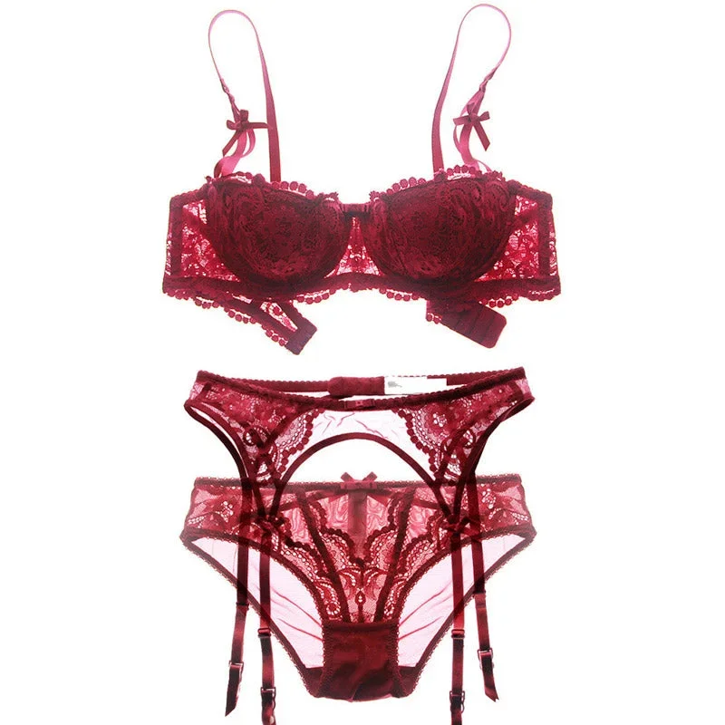 Bonnie Lace Balconette Bra Set (Red)