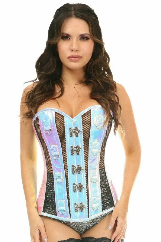 Deluxe Blue with Purple Hologram & Black Fishnet Steel Boned Overbust Corset