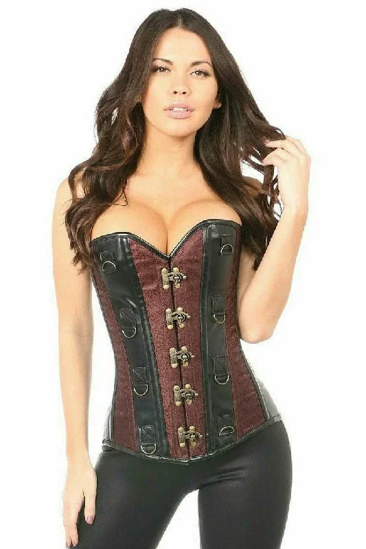 Deluxe Brown Brocade & Faux Leather Steel Boned Corset