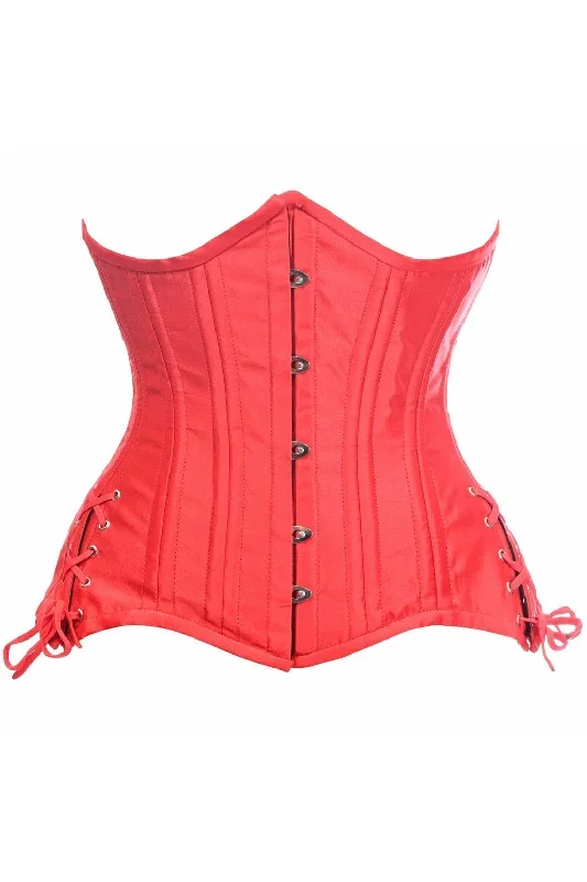 Deluxe Red Satin Double Steel Boned Curvy Cut Waist Cincher Corset with Lace-Up Sides