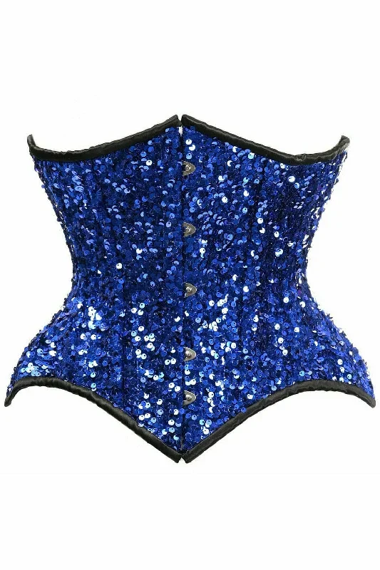 Deluxe Steel Boned Blue Sequin Curvy Cut Waist Cincher Corset