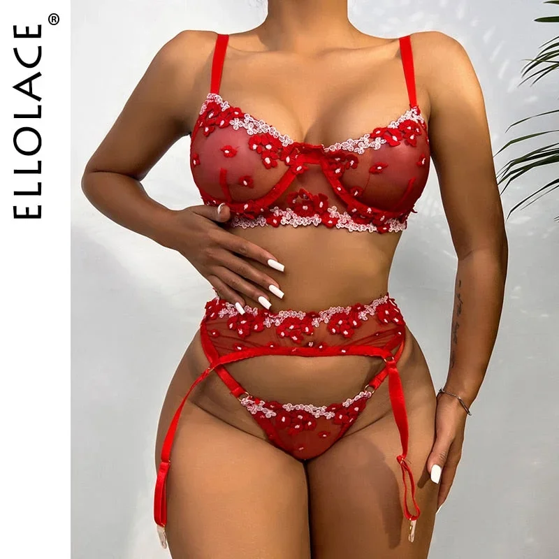 Ellolace Applique Women&#39;s Underwear Lingerie Set Sexy Underwear Set Bra with Bones 3 Piece Set Transparent Exotic Lingerie Sexy