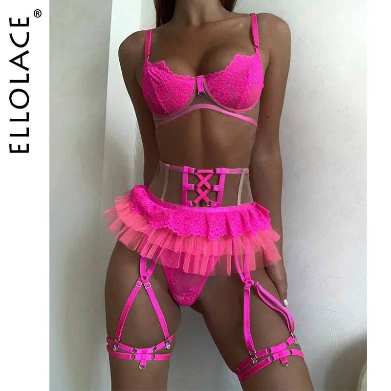 Ellolace Pink Bright Lingerie Erotic Female Underwear Ruffle Transparent Fancy Intimate Lace Garter Belt 3-Piece Exotic Sets