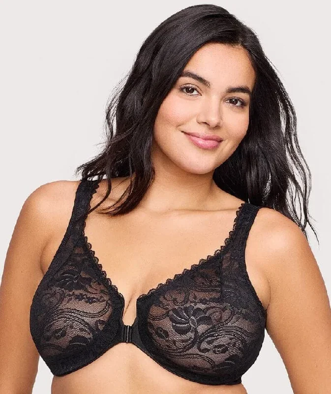 Glamorise WonderWire Front-Closure Stretch Lace Bra - Black