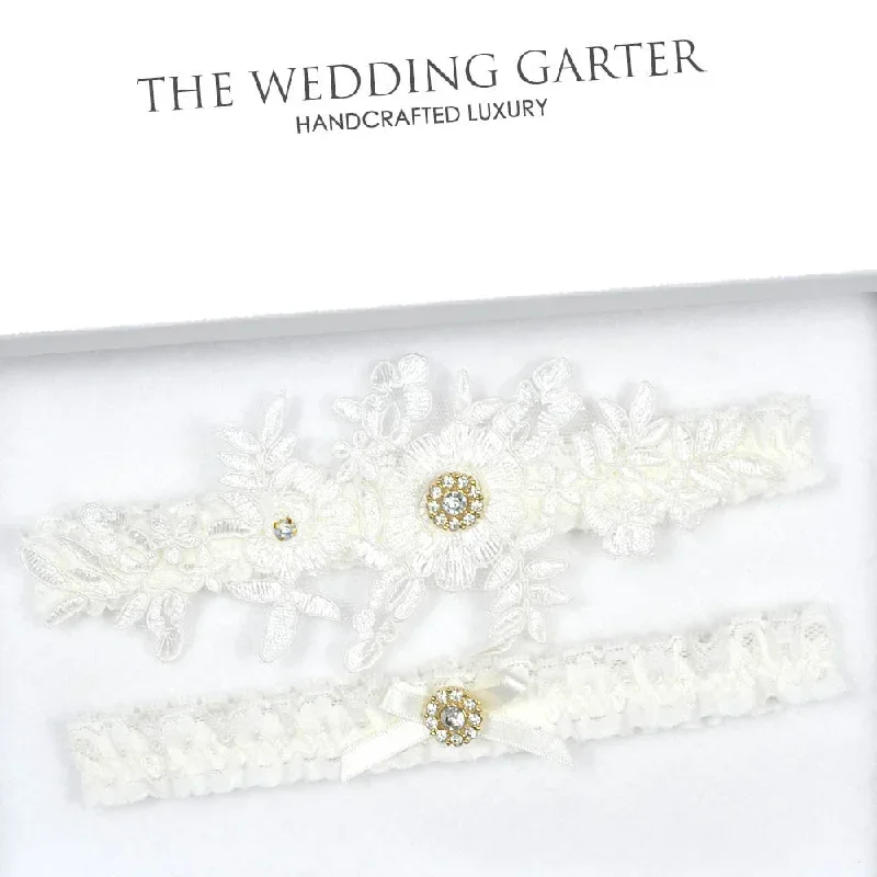 Ivory Lace Wedding Garter Set With Floral Applique