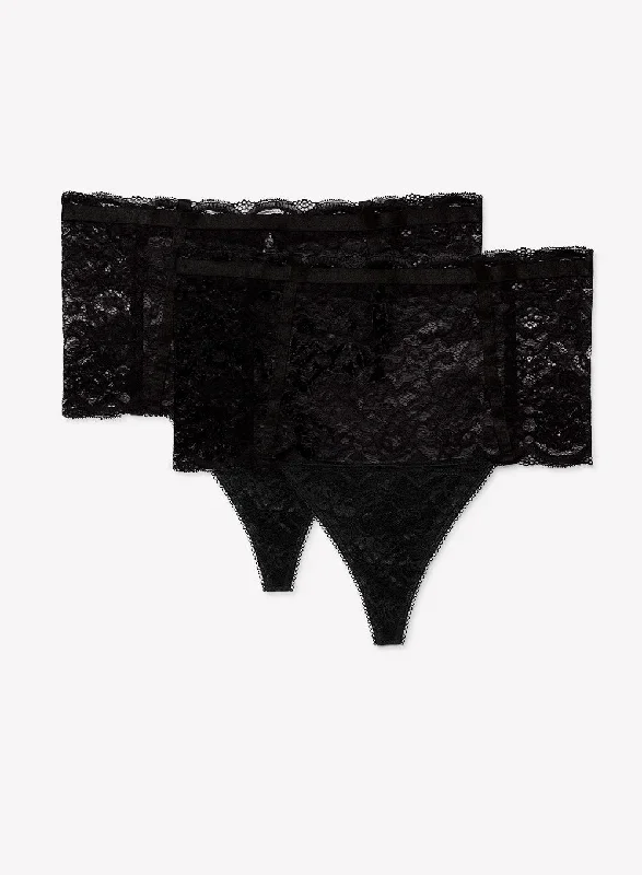 Lace & Mesh High Waisted Thong 2 Pack | Black Hue