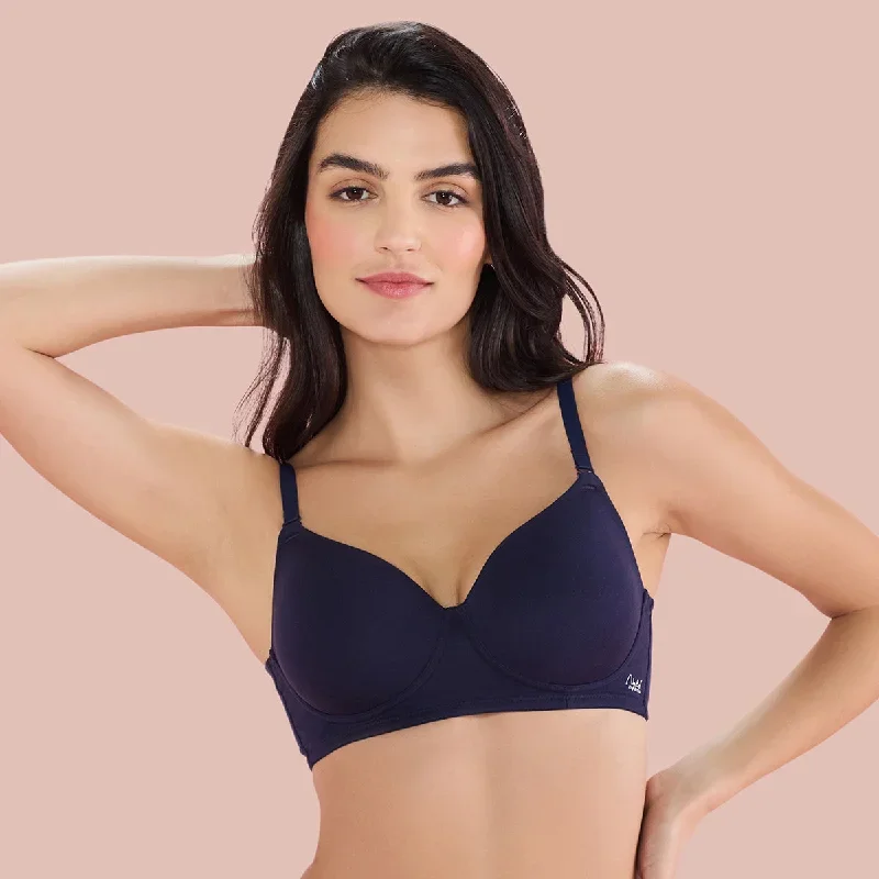 Nykd by Nykaa Breathe Cotton Padded Wireless T-Shirt Bra 3/4th Coverage-NYB198- Navy Blue