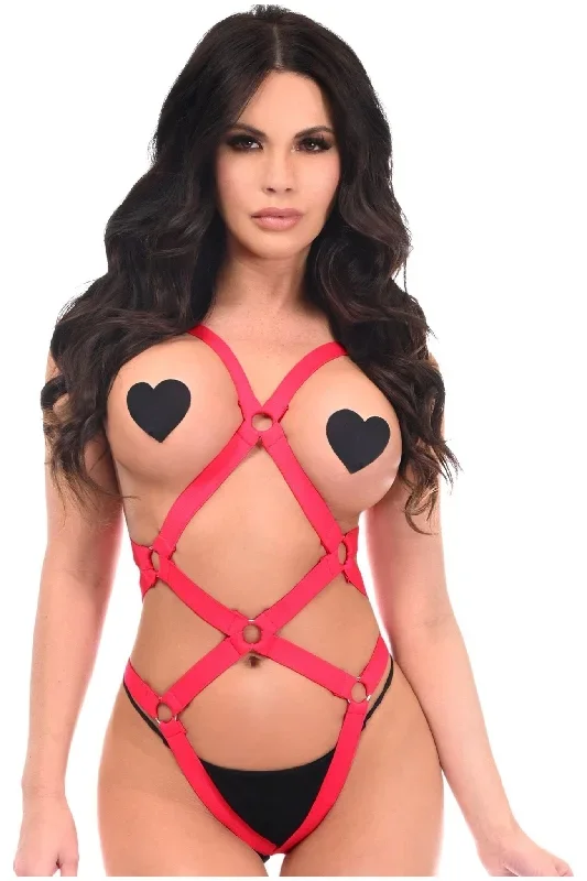 Red Bondage Body Harness Bodysuit with Silver Detailing