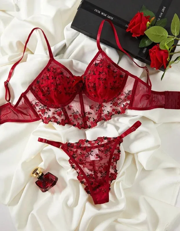 Red Corset Lingerie Set Floral