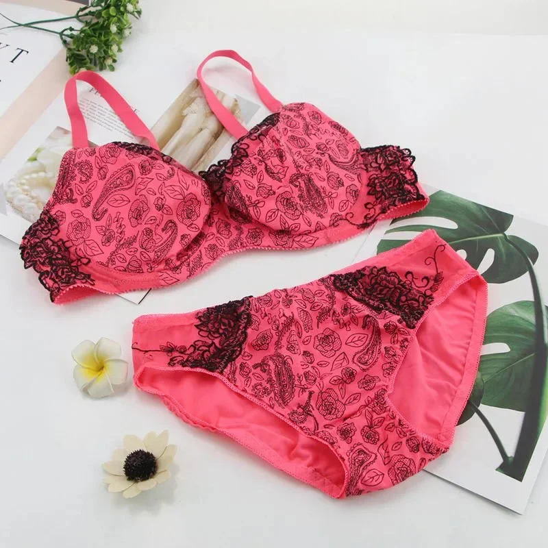 Sexy Lace Lingerie Print Bow Decorative Push Up Bras Sets DE Cup High Quality Cotton Back Closure Strappy Underwear