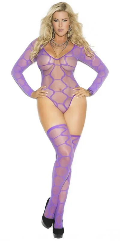 Sexy Plus Size Easy Purple Hexagon Sheer Teddy with Stockings