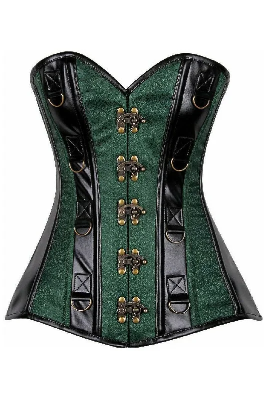 Top Drawer Dark Green Brocade & Faux Leather Steel Boned Corset