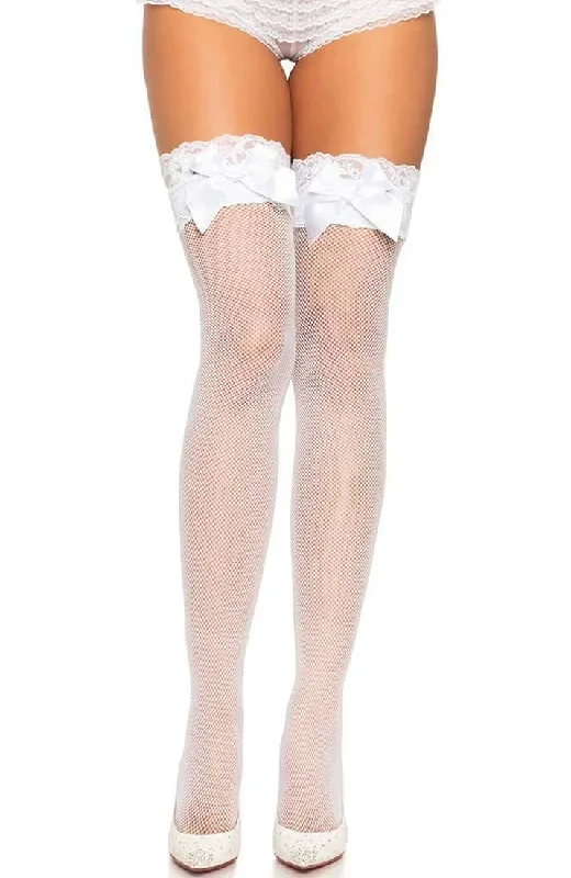 White fishnet stockings with lace top & bow